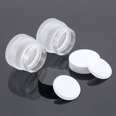 Stock Luxury Skin Care Glass Jar 50g Empty Frosted Cosmetic Packaging with Black Lid and Glass Bottle Plastic Cap White Disc