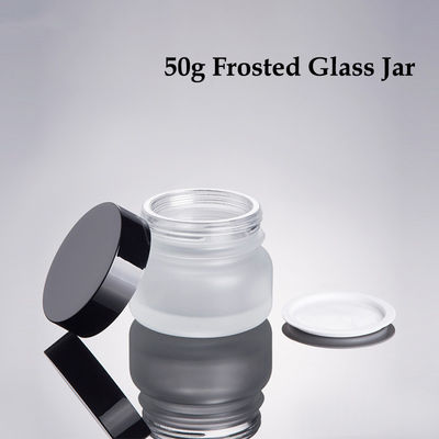 Stock Luxury Skin Care Glass Jar 50g Empty Frosted Cosmetic Packaging with Black Lid and Glass Bottle Plastic Cap White Disc